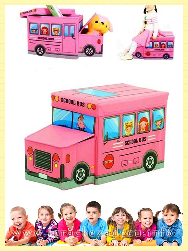 Kutija za igracke tabure za decu - 2u1 - rozi autobus