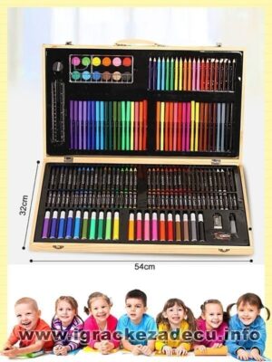 Školski set za crtanje i bojenje 180 delova u drvenoj kutiji